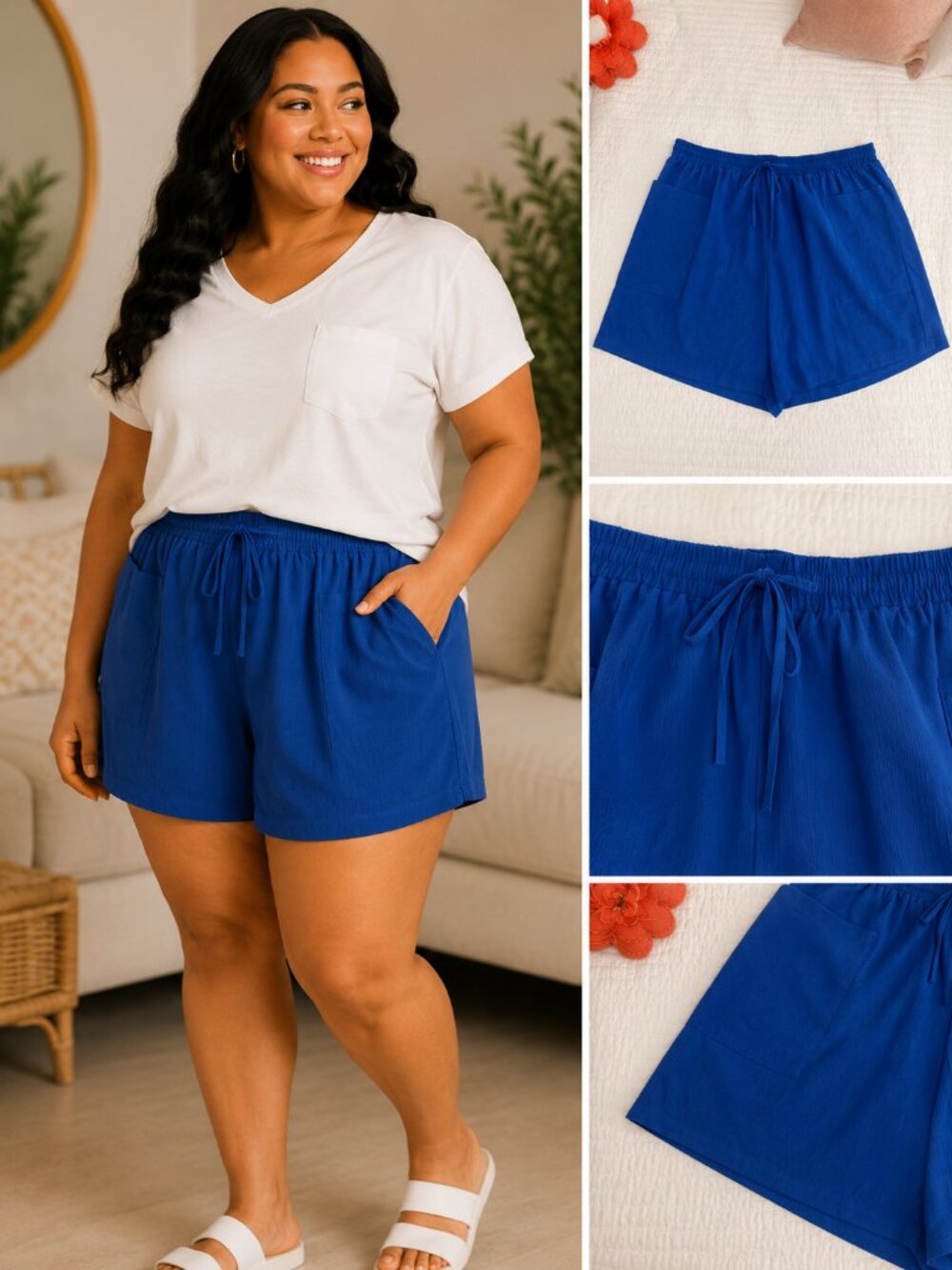 Cobalt Blue Pull-On Shorts | High-Rise Drawstring Shorts | Plus Size 3XL